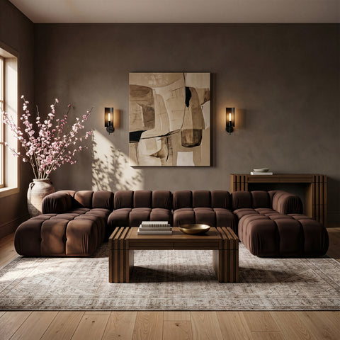 Camden Brown Velvet Performance Fabric Upholstered Sectional, 6-Piece (Style 4)
