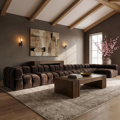 Camden Brown Velvet Performance Fabric Upholstered Sectional, 7-Piece (Style 5)