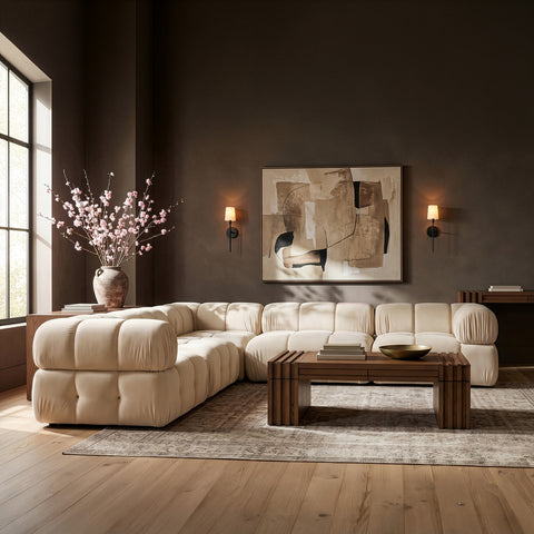 Camden Cream Velvet Performance Fabric Upholstered Sectional, 5-Piece (Style 3)