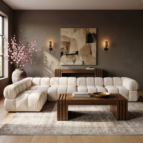 Camden Cream Velvet Performance Fabric Upholstered Sectional, 5-Piece (Style 4)