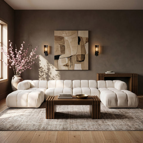 Camden Cream Velvet Performance Fabric Upholstered Sectional, 6-Piece (Style 4)
