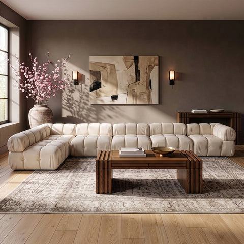 Camden Cream Velvet Performance Fabric Upholstered Sectional, 6-Piece (Style 6)