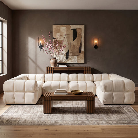 Camden Cream Velvet Performance Fabric Upholstered Sectional, 6-Piece (Style 7)