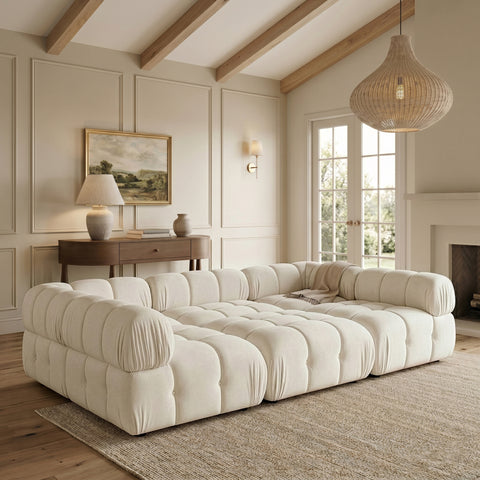 Camden Cream Velvet Performance Fabric Upholstered Sectional, 6-Piece (Style 8)