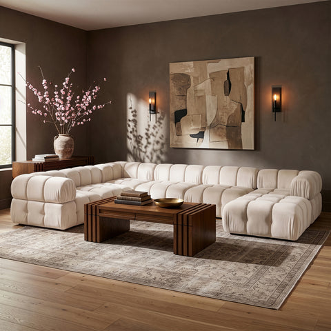 Camden Cream Velvet Performance Fabric Upholstered Sectional, 7-Piece (Style 7)