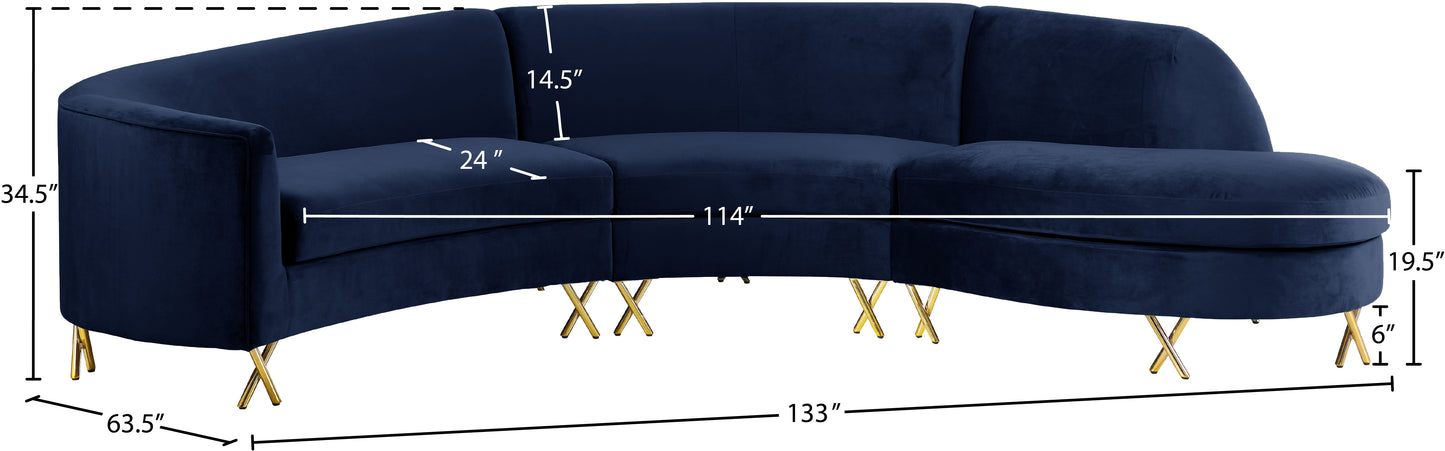 simba navy velvet 3pc. sectional sectional