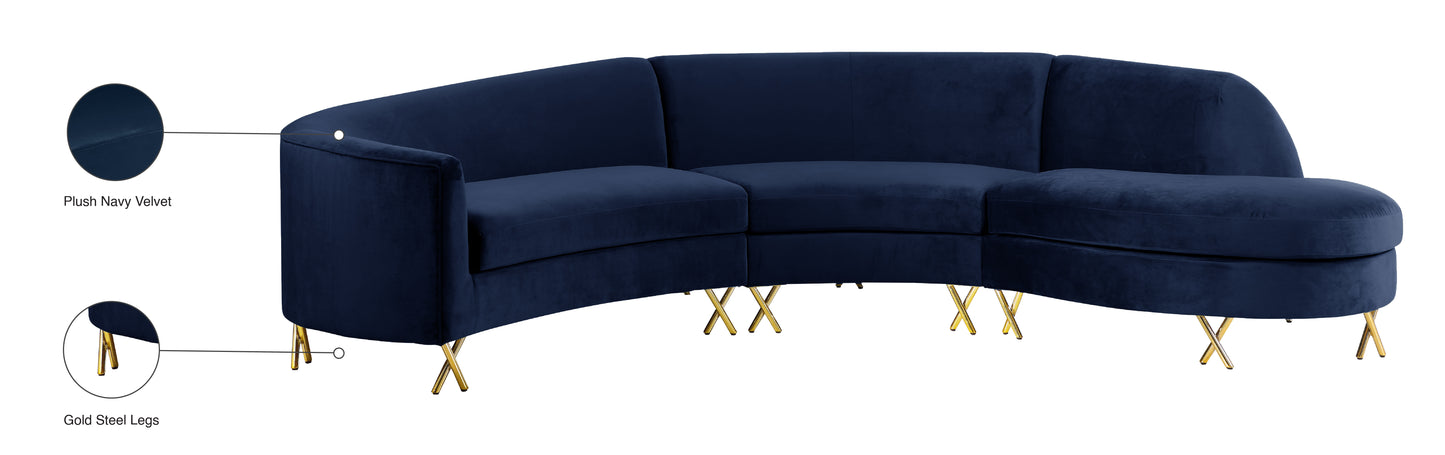 simba navy velvet 3pc. sectional sectional