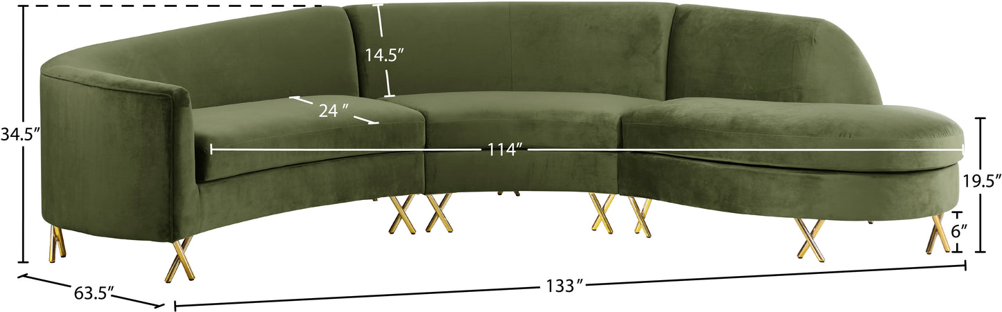 simba olive velvet 3pc. sectional sectional