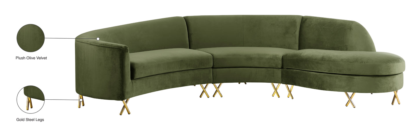 simba olive velvet 3pc. sectional sectional