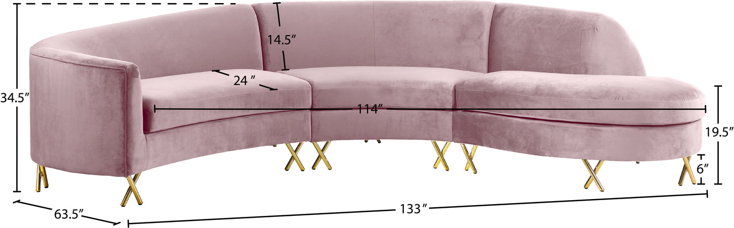 simba pink velvet 3pc. sectional sectional