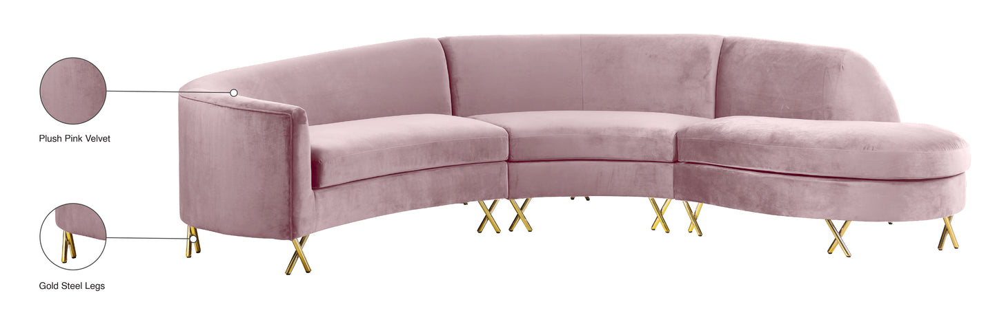 simba pink velvet 3pc. sectional sectional