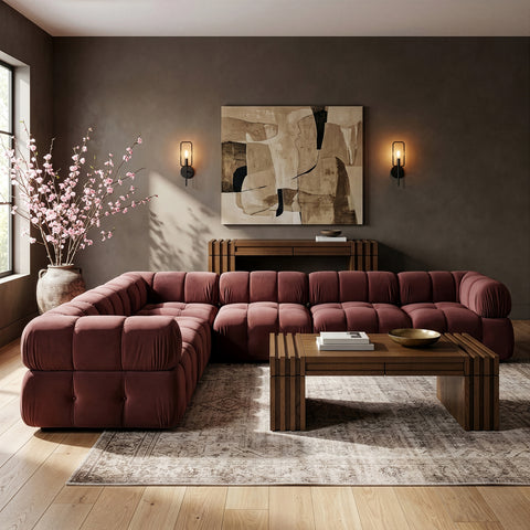 Camden Rose Velvet Performance Fabric Upholstered Sectional, 6-Piece