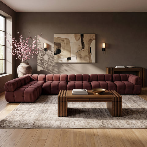 Camden Rose Velvet Performance Fabric Upholstered Sectional, 6-Piece (Style 6)