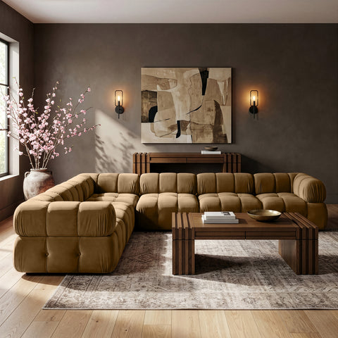 Camden Saddle Velvet Performance Fabric Upholstered Sectional, 6-Piece