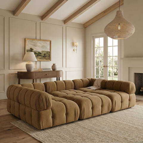 Camden Saddle Velvet Performance Fabric Upholstered Sectional, 6-Piece (Style 8)