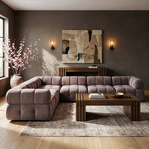 Camden Taupe Velvet Performance Fabric Upholstered Sectional, 6-Piece