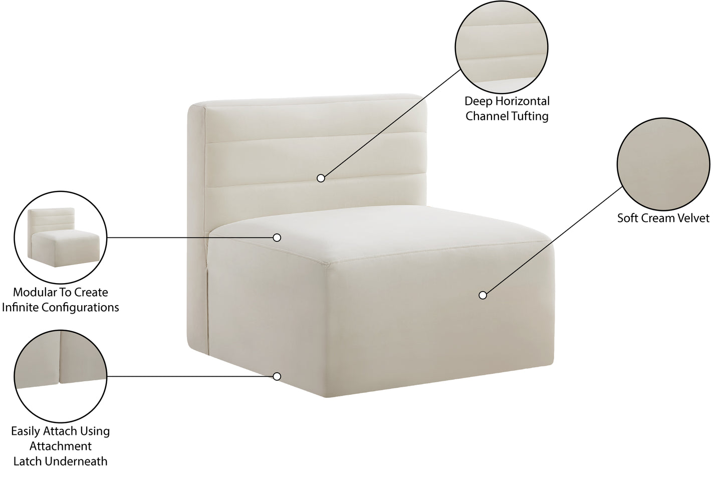 amelia cream velvet modular armless chair armless