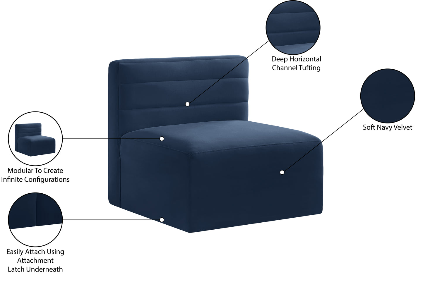 amelia navy velvet modular armless chair armless