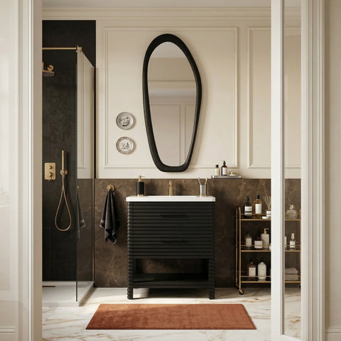 Tessa 30" Black Engineered Stone And Solid Wood Bathroom Vanity, 1 Piece