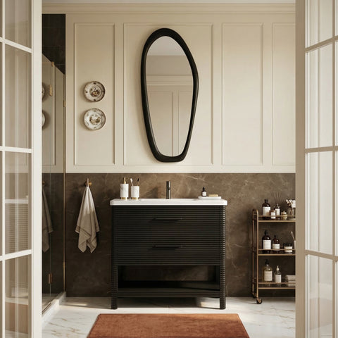 Tessa 36" Black Engineered Stone And Solid Wood Bathroom Vanity, 1 Piece