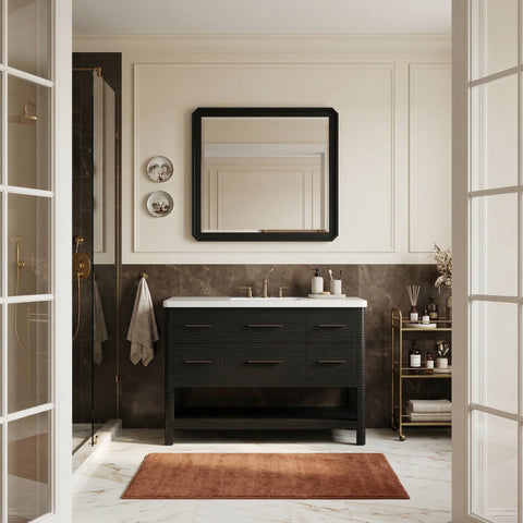 Tessa 48" Black Engineered Stone And Solid Wood Bathroom Vanity, 1 Piece