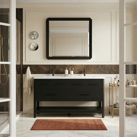 Tessa 60" Black Engineered Stone And Solid Wood Bathroom Vanity, 1 Piece