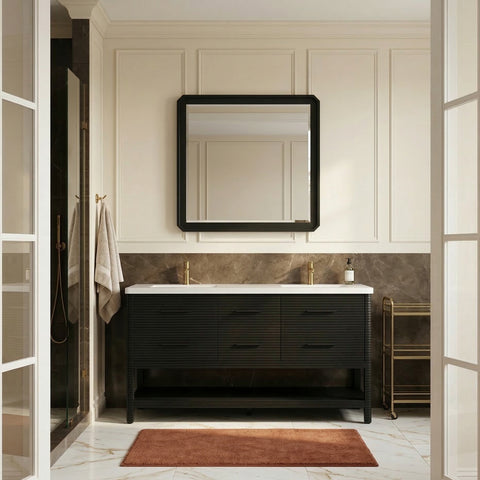 Tessa 72" Black Engineered Stone And Solid Wood Bathroom Vanity, 1 Piece