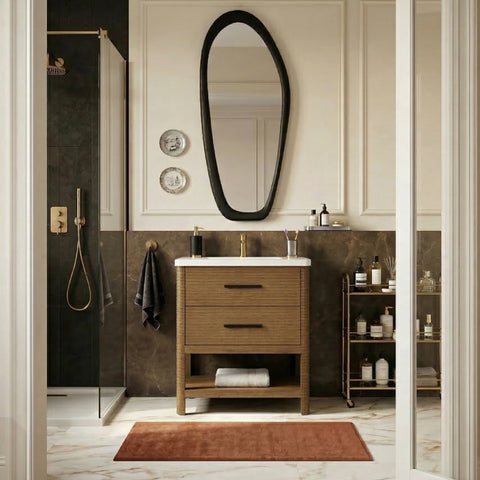 Tessa 30" Brown Engineered Stone And Solid Wood Bathroom Vanity, 1 Piece
