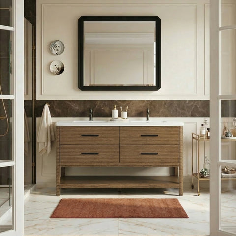 Tessa 60" Brown Engineered Stone And Solid Wood Bathroom Vanity, 1 Piece