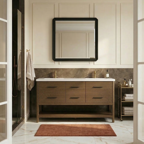 Tessa 72" Brown Engineered Stone And Solid Wood Bathroom Vanity, 1 Piece