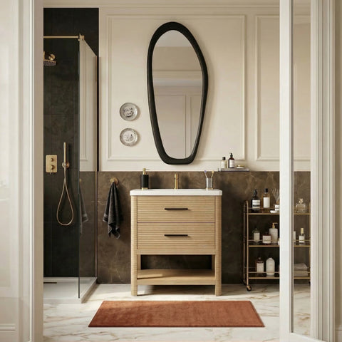 Tessa 30" Natural Engineered Stone And Solid Wood Bathroom Vanity, 1 Piece