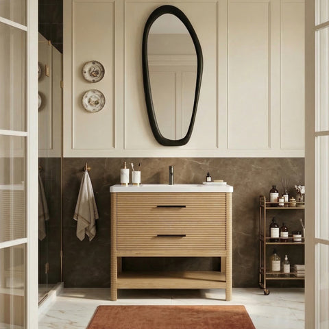 Tessa 36" Natural Engineered Stone And Solid Wood Bathroom Vanity, 1 Piece