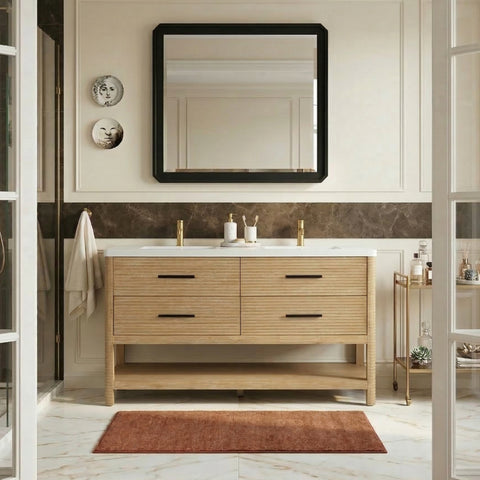 Tessa 60" Natural Engineered Stone And Solid Wood Bathroom Vanity, 1 Piece