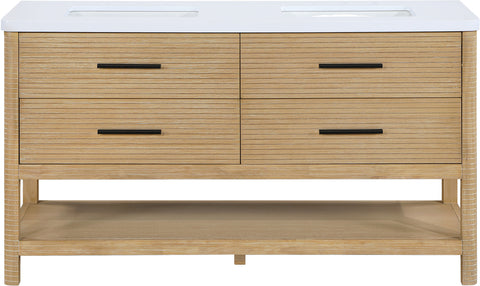 Tessa 60" Natural Engineered Stone And Solid Wood Bathroom Vanity, 1 Piece