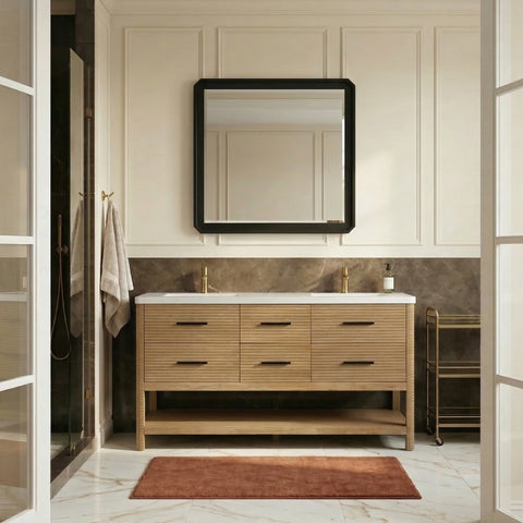Tessa 72" Natural Engineered Stone And Solid Wood Bathroom Vanity, 1 Piece