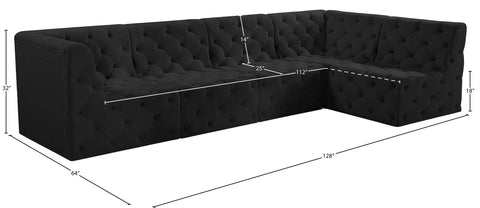 Faye 128" Black Velvet Upholstered Sectional, 5-Piece