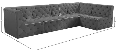 Faye 128" Grey Velvet Upholstered Sectional, 5-Piece