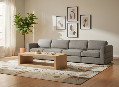 Celeste 152" Grey Linen Textured Fabric Upholstered Sofa, 4-Piece