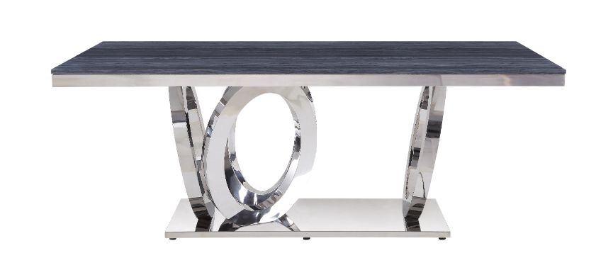 faustine dining table, gray printed faux marble top & mirrored silver finish