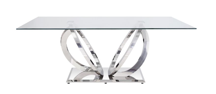 fedele dining table, clear glass top & mirrored silver finish