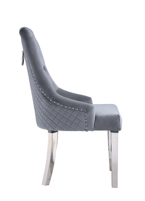 feit side chair (set-2), gray fabric & mirrored silver finish