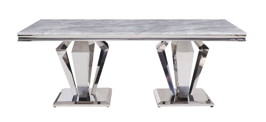 feit dining table, light gray printed faux marble top & mirrored silver finish