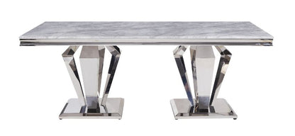 Feit Dining Table, Light Gray Printed Faux Marble Top & Mirrored Silver Finish