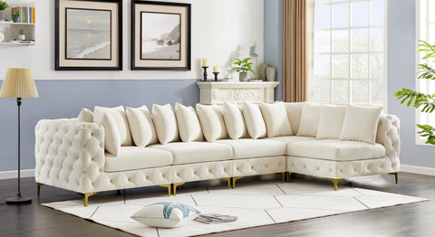 Monroe 139" Cream Velvet Upholstered Sectional, 5-Piece