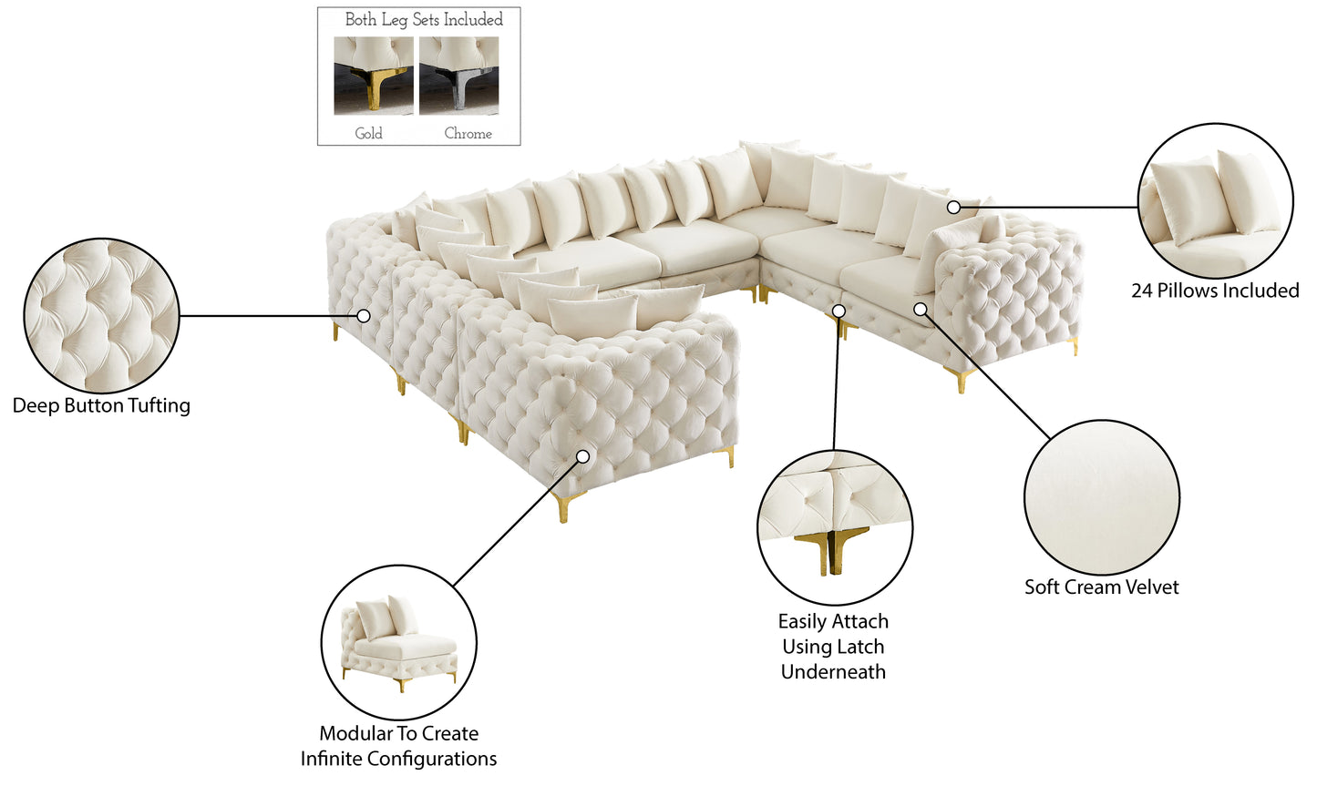 westmount cream velvet modular sectional sec8a