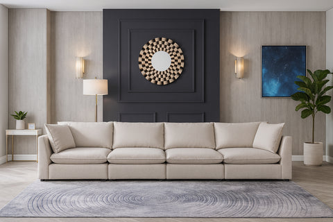 Linden 160" Beige Linen Textured Fabric Upholstered Sofa, 4-Piece