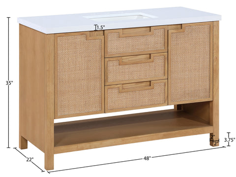 Bellamy 48" Natural Engineered Stone, Cane And Solid Wood Bathroom Vanity, 1 Piece