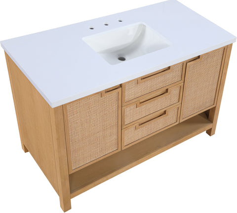 Bellamy 48" Natural Engineered Stone, Cane And Solid Wood Bathroom Vanity, 1 Piece