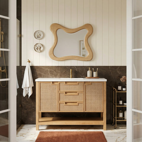 Bellamy 48" Natural Engineered Stone, Cane And Solid Wood Bathroom Vanity, 1 Piece