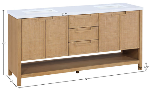 Bellamy 72" Natural Engineered Stone, Cane And Solid Wood Bathroom Vanity, 1 Piece